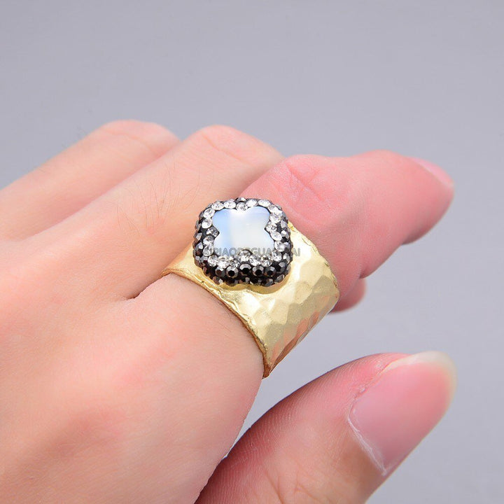 GG Jewelry Natural White Pearl blue Jade White Gray Quartz Druzy Shell trimmed black macarsite Cuff Gold Plated Ring - LeisFita.com