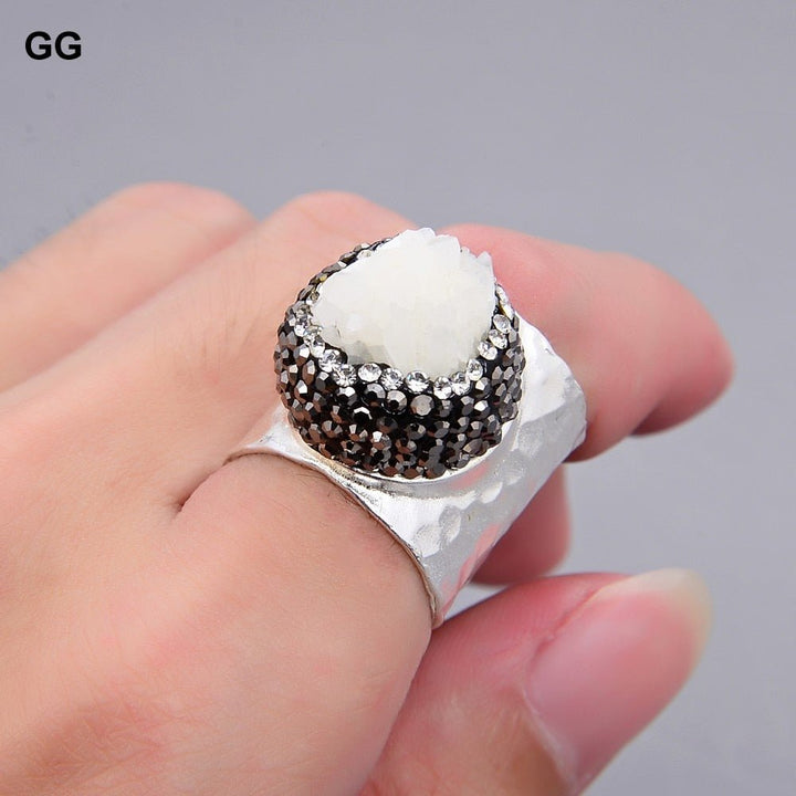 GG Jewelry Natural White Pearl blue Jade White Gray Quartz Druzy Shell trimmed black macarsite Cuff Gold Plated Ring - LeisFita.com