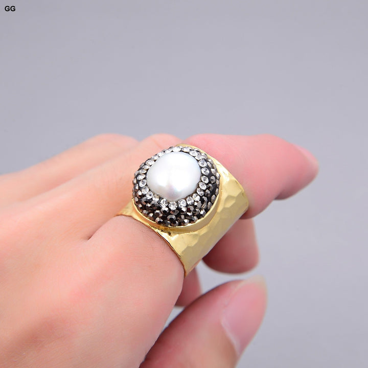 GG Jewelry Natural White Pearl blue Jade White Gray Quartz Druzy Shell trimmed black macarsite Cuff Gold Plated Ring - LeisFita.com