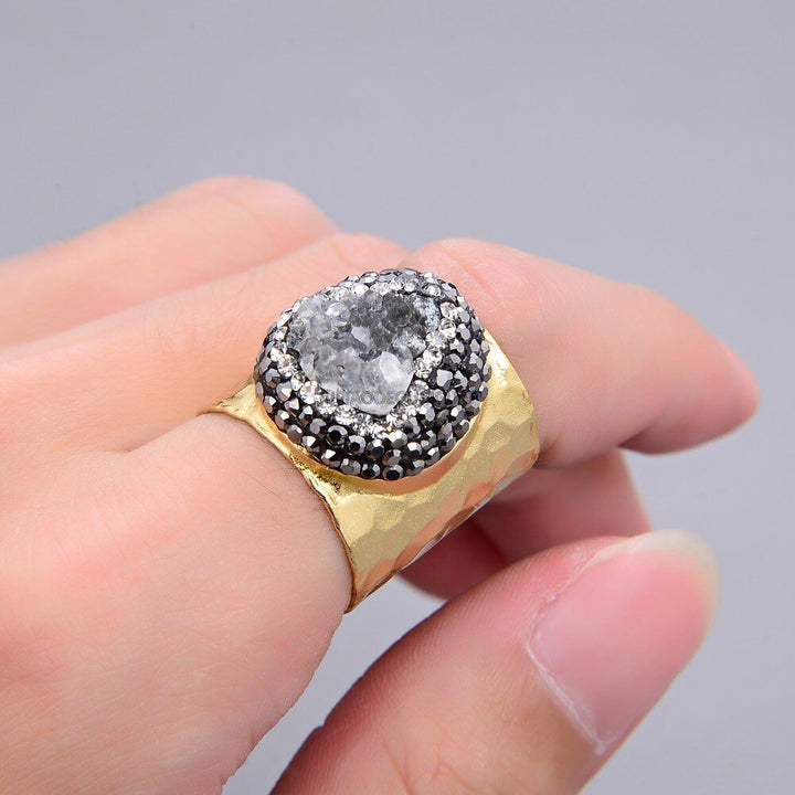 GG Jewelry Natural White Pearl blue Jade White Gray Quartz Druzy Shell trimmed black macarsite Cuff Gold Plated Ring - LeisFita.com