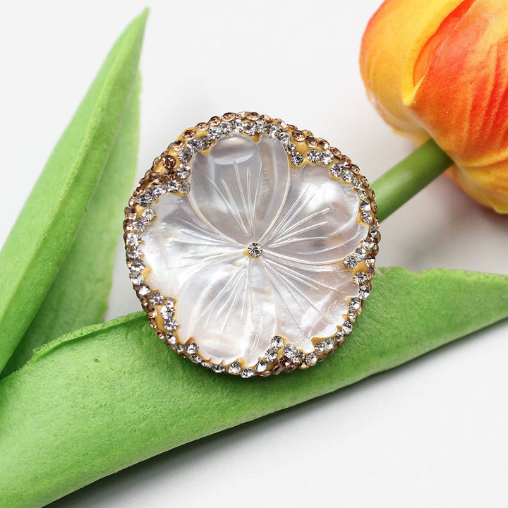 GG Jewelry Natural White Sea Shell Carved Flower Ring Golden CZ Fashion Women Jewelry Adjustable - LeisFita.com