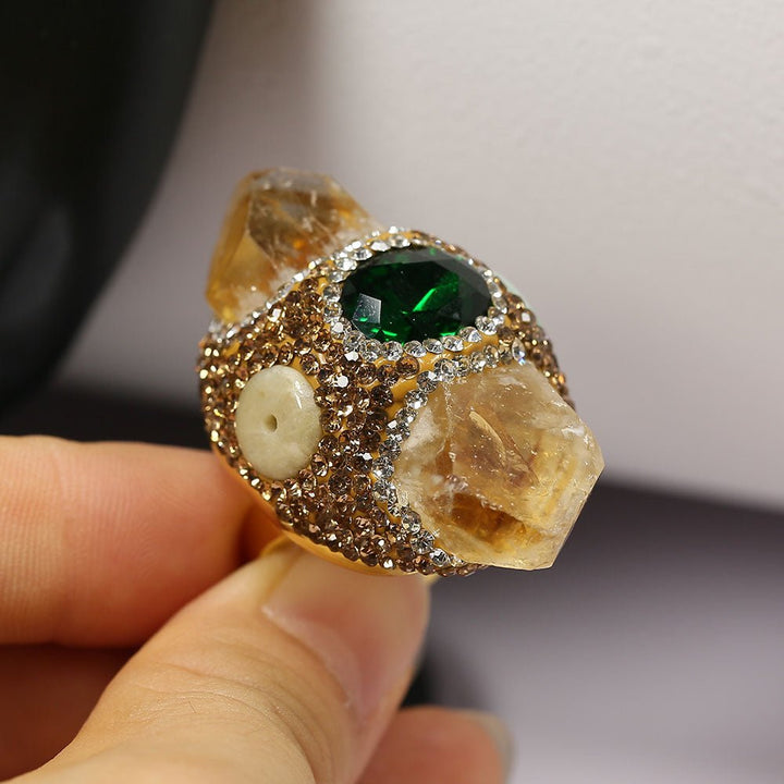 GG Jewelry Natural Yellow Citrine Point Druzy Green Crystal Finger Ring Gold Plated Adjustable Gems Ring Lady Fashion Gifts - LeisFita.com