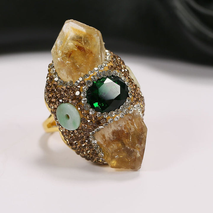 GG Jewelry Natural Yellow Citrine Point Druzy Green Crystal Finger Ring Gold Plated Adjustable Gems Ring Lady Fashion Gifts - LeisFita.com