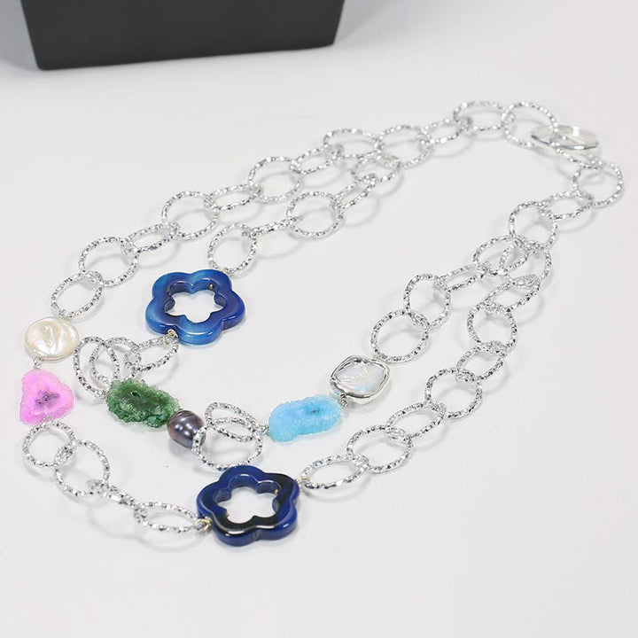 GG Jewelry On Sale 039 2 Strands Natural Agate Quartz Pearl Crystal Chain Long Necklace Handmade For Lady - LeisFita.com