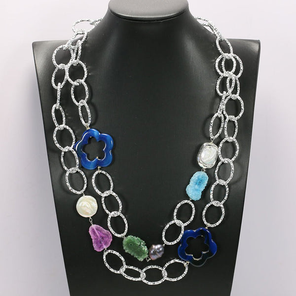 GG Jewelry On Sale 039 2 Strands Natural Agate Quartz Pearl Crystal Chain Long Necklace Handmade For Lady - LeisFita.com