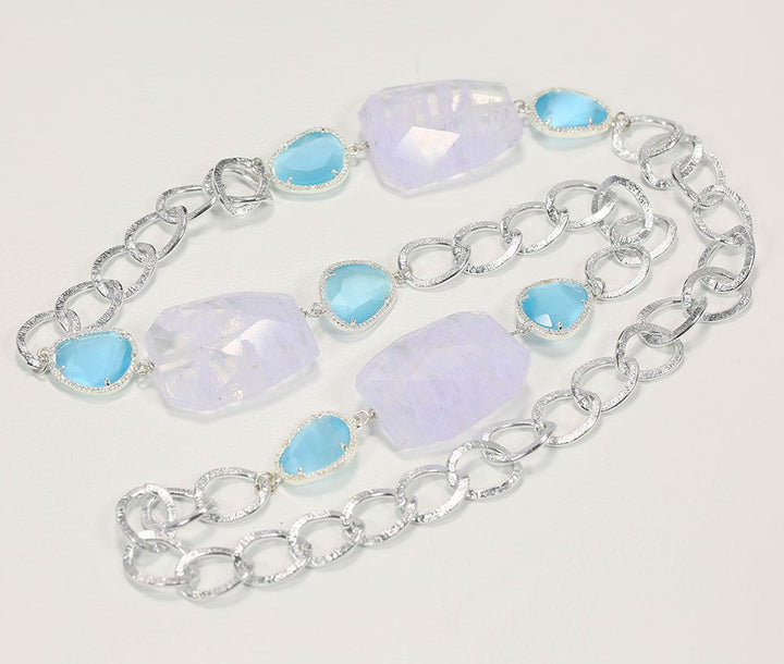 GG Jewelry On Sale 041 Natural Blue Cat eye Crystal Quartz White Gold Plated Chain Long Necklace Handmade For Lady - LeisFita.com