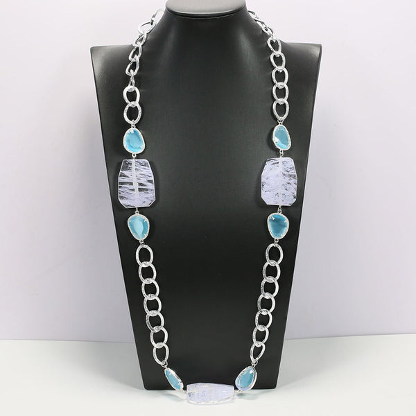 GG Jewelry On Sale 041 Natural Blue Cat eye Crystal Quartz White Gold Plated Chain Long Necklace Handmade For Lady - LeisFita.com