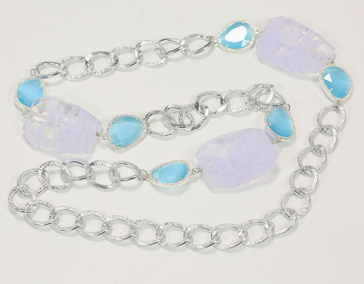 GG Jewelry On Sale 041 Natural Blue Cat eye Crystal Quartz White Gold Plated Chain Long Necklace Handmade For Lady - LeisFita.com