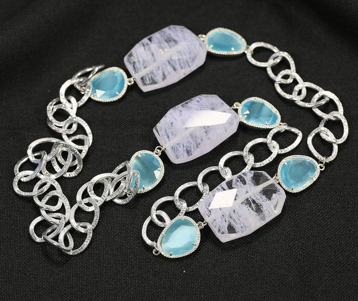 GG Jewelry On Sale 041 Natural Blue Cat eye Crystal Quartz White Gold Plated Chain Long Necklace Handmade For Lady - LeisFita.com