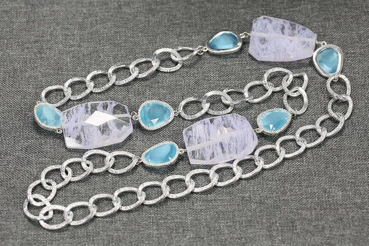 GG Jewelry On Sale 041 Natural Blue Cat eye Crystal Quartz White Gold Plated Chain Long Necklace Handmade For Lady - LeisFita.com