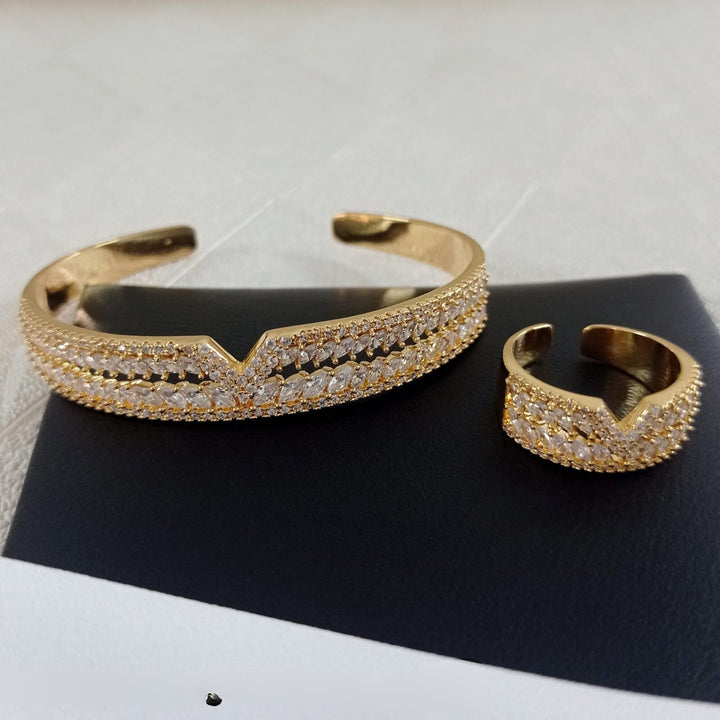 Glamourous Reflections: Stone Work Adjustable Bracelet and Ring Set - LeisFita.com