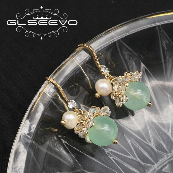 GLSEEVO Verdure Zircon Flowers Natural Pearls Earrings For Women Exquisite Elegance Trend Fashion Ear Hooks Fine Jewelry Gifts - LeisFita.com