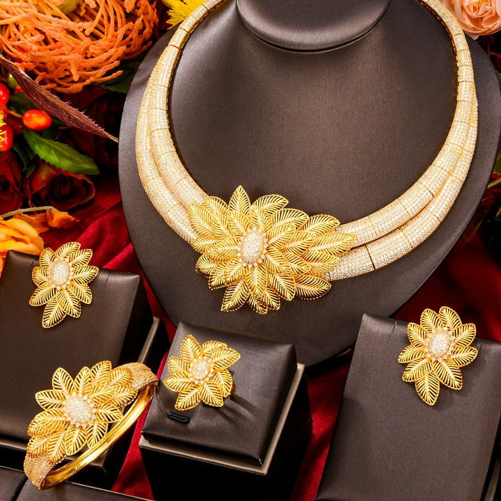 Gold Color 4pcs Bridal Zirconia Jewellery Sets For Women Party Luxury Dubai Nigeria Wedding Jewelry Sets - LeisFita.com