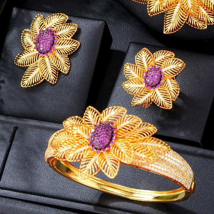 Gold Color 4pcs Bridal Zirconia Jewellery Sets For Women Party Luxury Dubai Nigeria Wedding Jewelry Sets - LeisFita.com