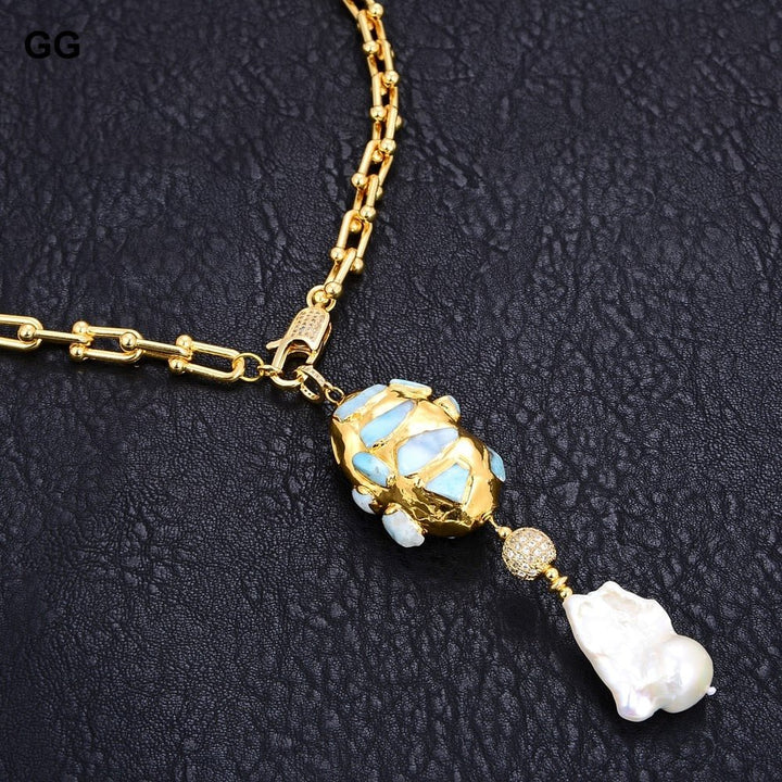 Gold Color Plated Chain Statement Necklace Blue Larimar Freshwater White Keshi Pearl Pendant Necklace For Women - LeisFita.com