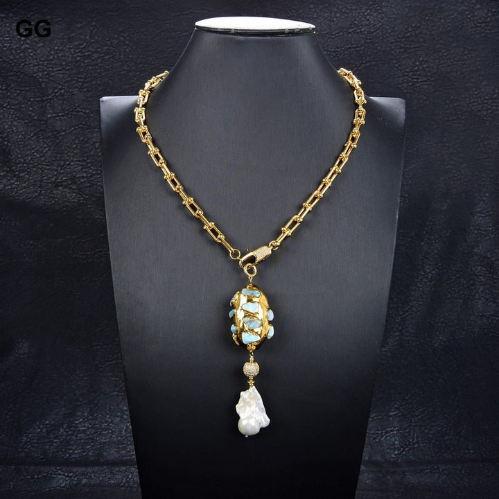 Gold Color Plated Chain Statement Necklace Blue Larimar Freshwater White Keshi Pearl Pendant Necklace For Women - LeisFita.com