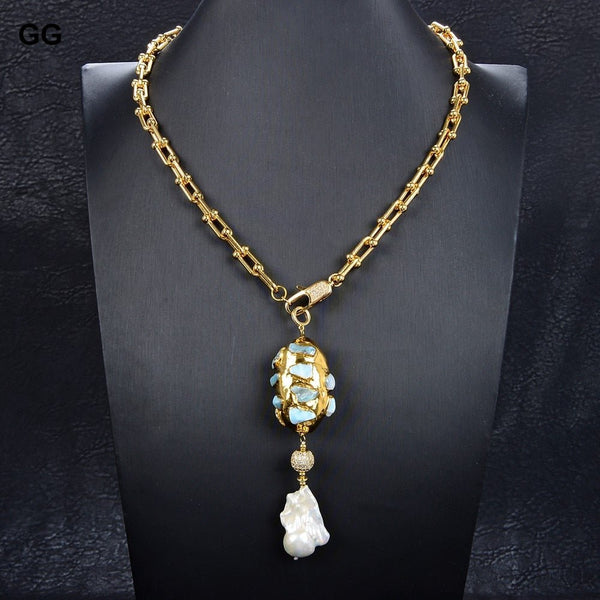 Gold Color Plated Chain Statement Necklace Blue Larimar Freshwater White Keshi Pearl Pendant Necklace For Women - LeisFita.com