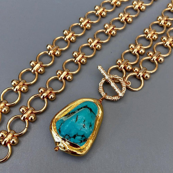 Gold Plated Chain Chokers Necklace Blue Turquoise Pendant Designer Gems Jewelry - LeisFita.com