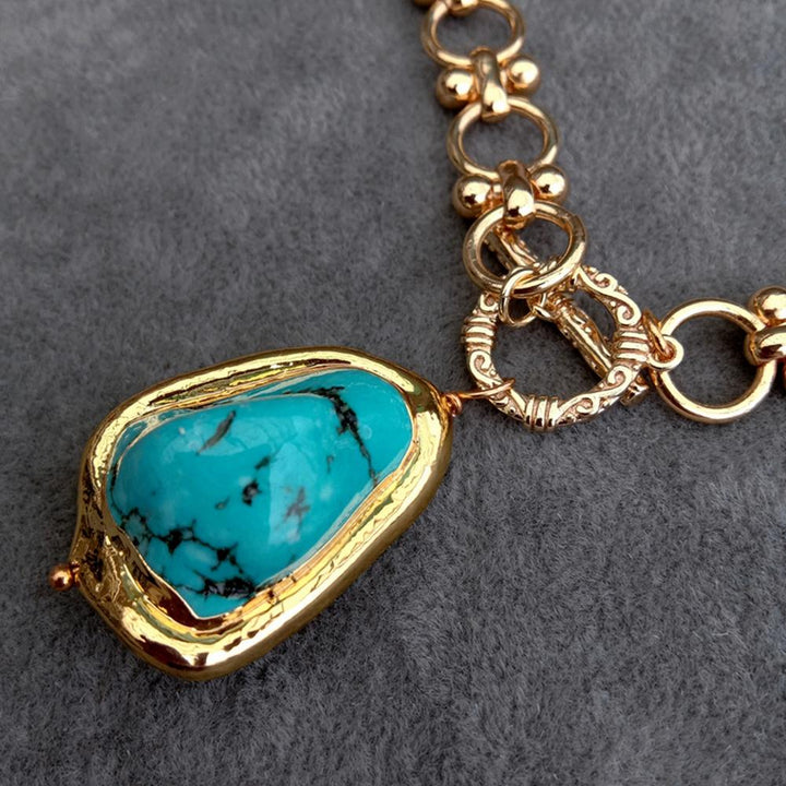 Gold Plated Chain Chokers Necklace Blue Turquoise Pendant Designer Gems Jewelry - LeisFita.com