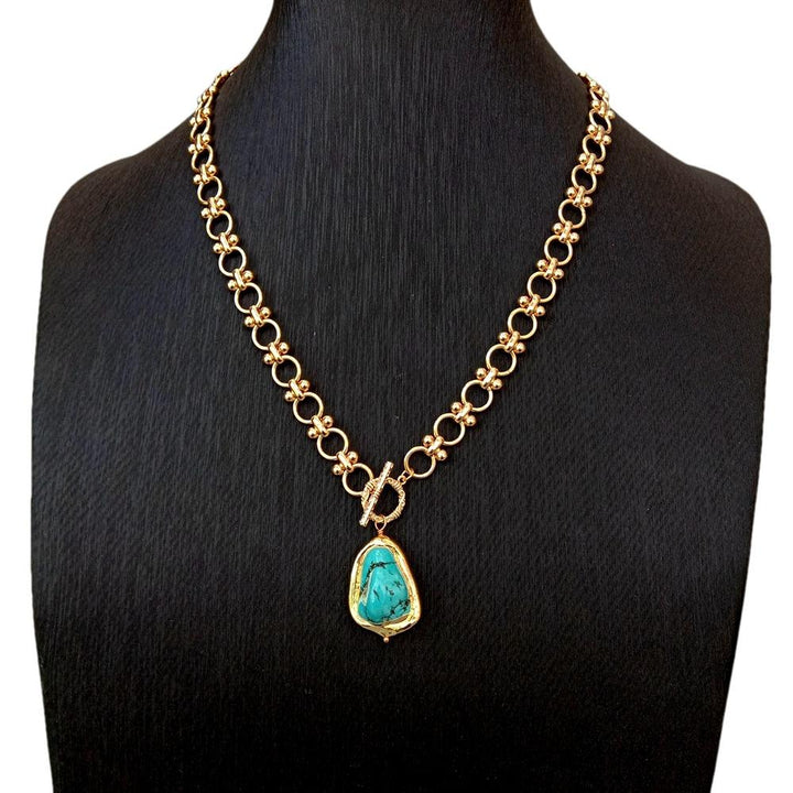 Gold Plated Chain Chokers Necklace Blue Turquoise Pendant Designer Gems Jewelry - LeisFita.com