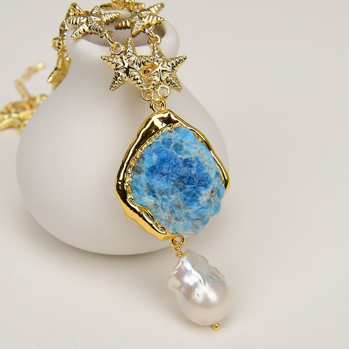 Gold Plated Fashion Chain Choker Necklace Blue Apatite Gold Edge Rough White Baroque Pearl Pendant - LeisFita.com