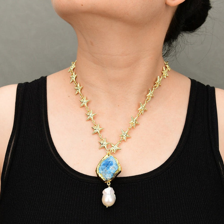 Gold Plated Fashion Chain Choker Necklace Blue Apatite Gold Edge Rough White Baroque Pearl Pendant - LeisFita.com