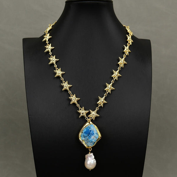 Gold Plated Fashion Chain Choker Necklace Blue Apatite Gold Edge Rough White Baroque Pearl Pendant - LeisFita.com