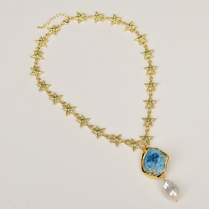 Gold Plated Fashion Chain Choker Necklace Blue Apatite Gold Edge Rough White Baroque Pearl Pendant - LeisFita.com