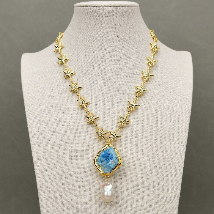 Gold Plated Fashion Chain Choker Necklace Blue Apatite Gold Edge Rough White Baroque Pearl Pendant - LeisFita.com