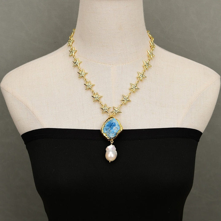 Gold Plated Fashion Chain Choker Necklace Blue Apatite Gold Edge Rough White Baroque Pearl Pendant - LeisFita.com