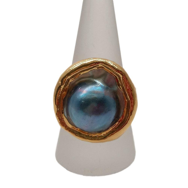 Gorgeous natural 24mm Gray Mabe Pearl Gold Plated Ring Adjustable luxury for women - LeisFita.com