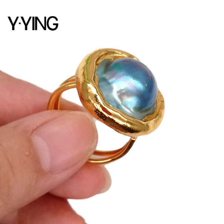 Gorgeous natural 24mm Gray Mabe Pearl Gold Plated Ring Adjustable luxury for women - LeisFita.com