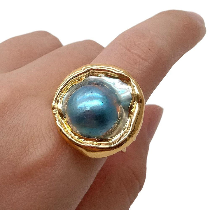 Gorgeous natural 24mm Gray Mabe Pearl Gold Plated Ring Adjustable luxury for women - LeisFita.com