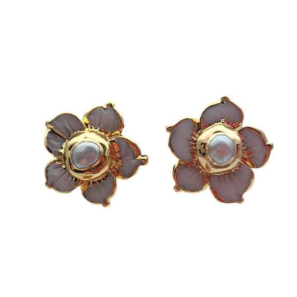 Gray Sea Shell Carved Flower White Pearl Stud Earrings With Gold Plated Edge Earrings Women Jewelry Gift - LeisFita.com
