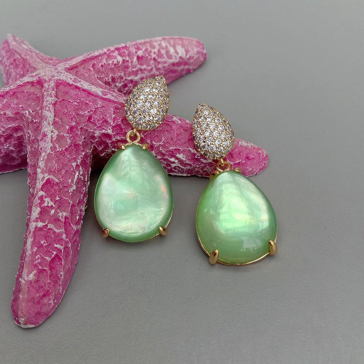 Green Crystal White Mother Of Pearl Shell Cubic Zirconia Pave Stud Dangle Earrings - LeisFita.com