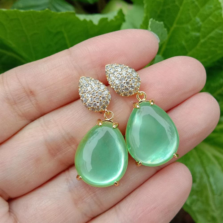 Green Crystal White Mother Of Pearl Shell Cubic Zirconia Pave Stud Dangle Earrings - LeisFita.com