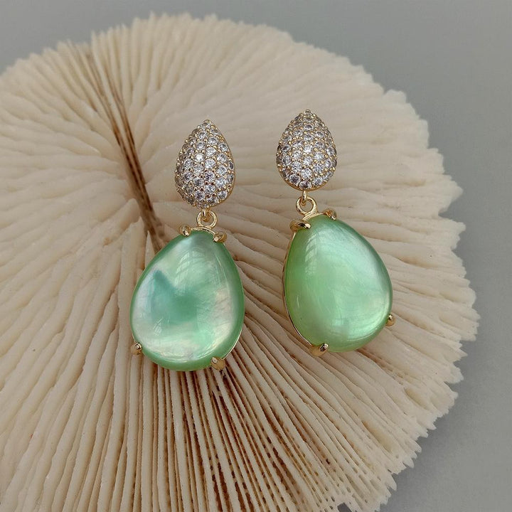 Green Crystal White Mother Of Pearl Shell Cubic Zirconia Pave Stud Dangle Earrings - LeisFita.com