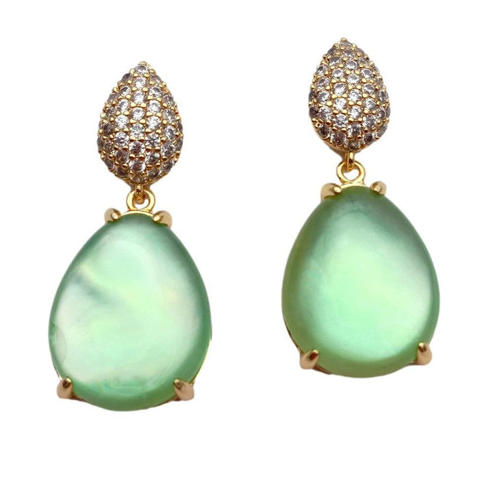 Green Crystal White Mother Of Pearl Shell Cubic Zirconia Pave Stud Dangle Earrings - LeisFita.com