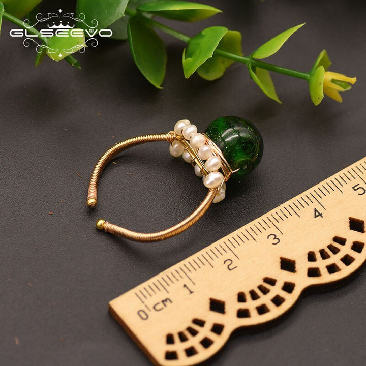 Green Glass Natural Fresh Water Pearl Ring For Women Girl Lovers&#39; Wedding Engagement Party Gift Luxury Jewellery GR0252 - LeisFita.com