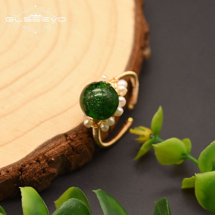 Green Glass Natural Fresh Water Pearl Ring For Women Girl Lovers&#39; Wedding Engagement Party Gift Luxury Jewellery GR0252 - LeisFita.com