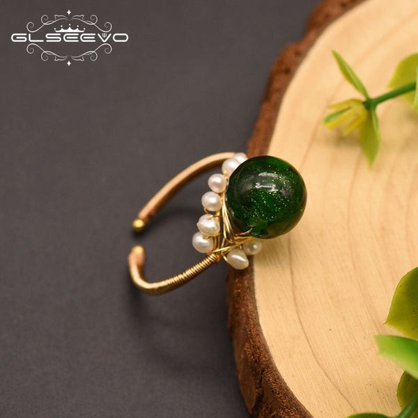 Green Glass Natural Fresh Water Pearl Ring For Women Girl Lovers&#39; Wedding Engagement Party Gift Luxury Jewellery GR0252 - LeisFita.com