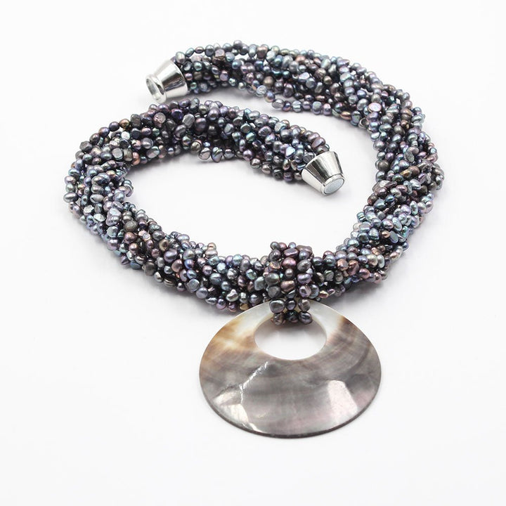 GuaiGuai Jewelry 10 Rows Black Keshi Pearl Necklace Black Sea Shell Circle Pendant Handmade For Women - LeisFita.com