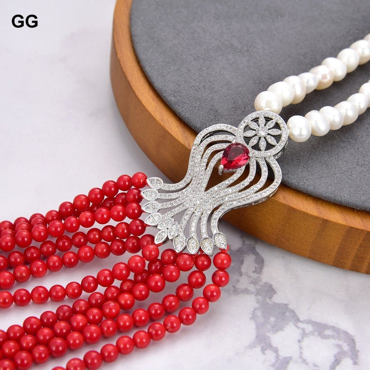 GuaiGuai Jewelry 10 Rows Natural White Pearl Round Red Coral Flower CZ Necklace Lady Jewelry - LeisFita.com