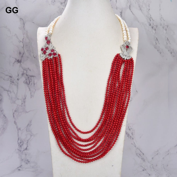 GuaiGuai Jewelry 10 Rows Natural White Pearl Round Red Coral Flower CZ Necklace Lady Jewelry - LeisFita.com