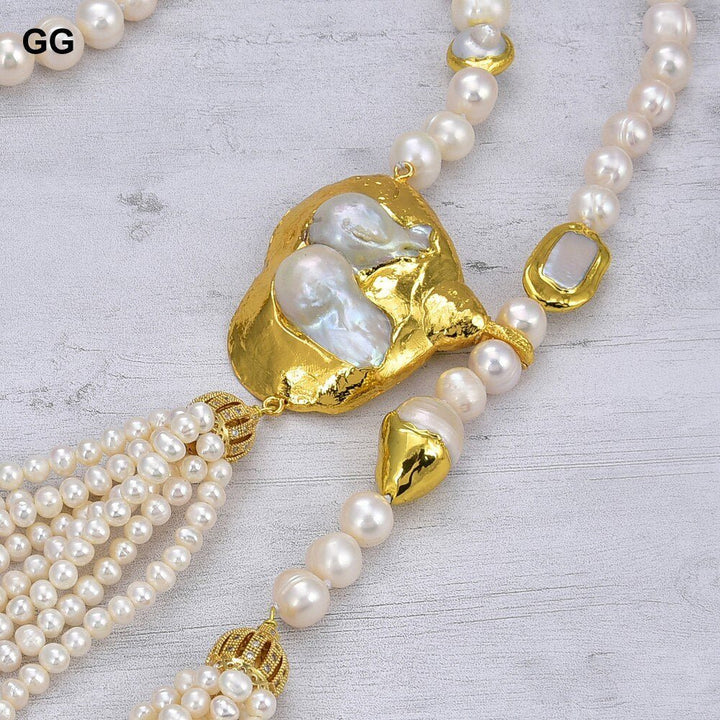 GuaiGuai Jewelry 10mm Cultured White Baroque Pearl Asymmetric Necklace Big Keshi Pearl Pendant 36&quot; - LeisFita.com