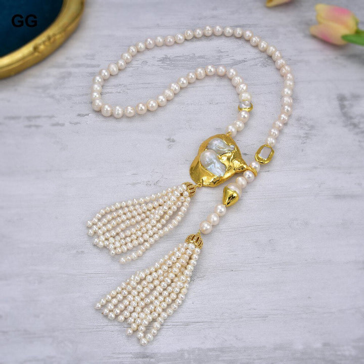 GuaiGuai Jewelry 10mm Cultured White Baroque Pearl Asymmetric Necklace Big Keshi Pearl Pendant 36&quot; - LeisFita.com