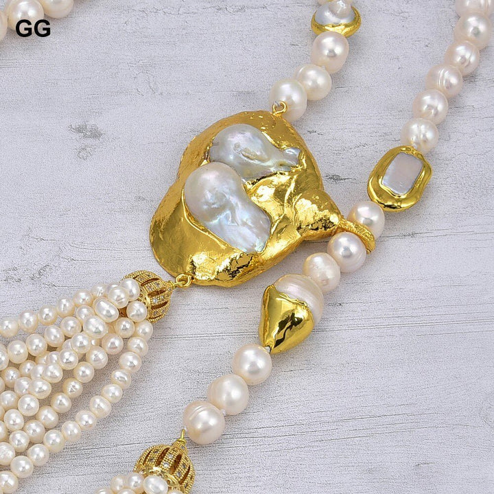 GuaiGuai Jewelry 10mm Cultured White Baroque Pearl Asymmetric Necklace Big Keshi Pearl Pendant 36&quot; - LeisFita.com