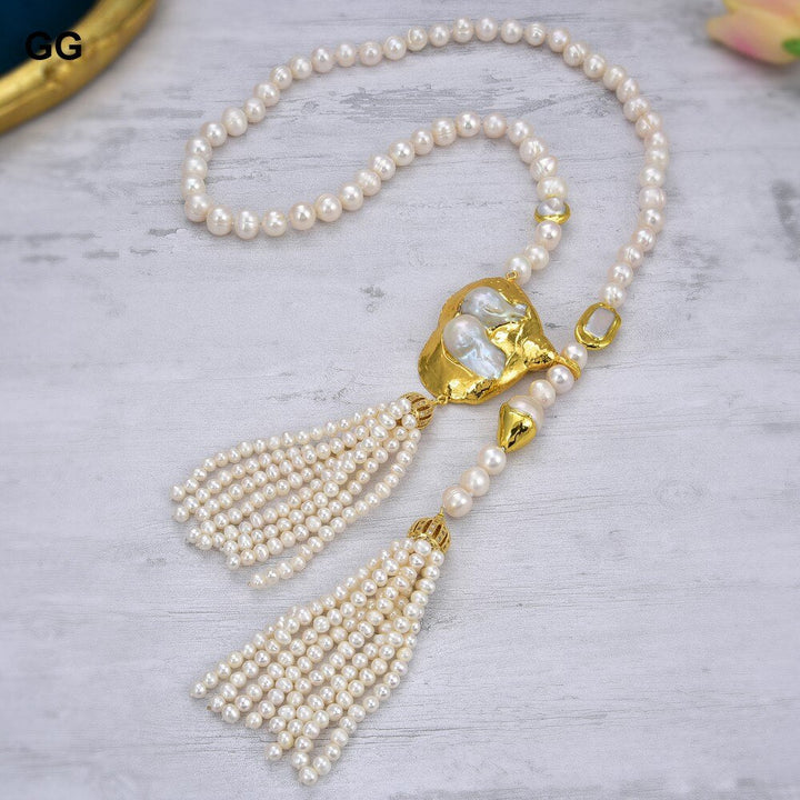 GuaiGuai Jewelry 10mm Cultured White Baroque Pearl Asymmetric Necklace Big Keshi Pearl Pendant 36&quot; - LeisFita.com