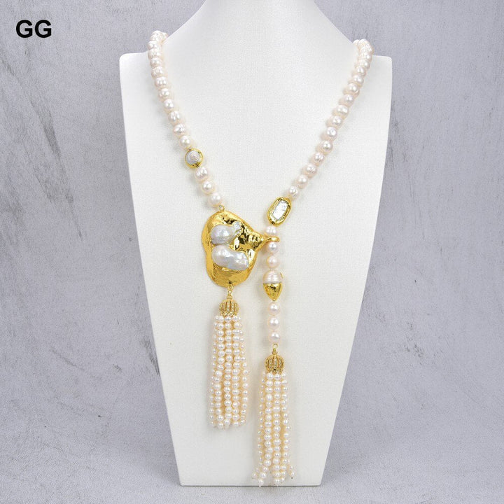 GuaiGuai Jewelry 10mm Cultured White Baroque Pearl Asymmetric Necklace Big Keshi Pearl Pendant 36&quot; - LeisFita.com