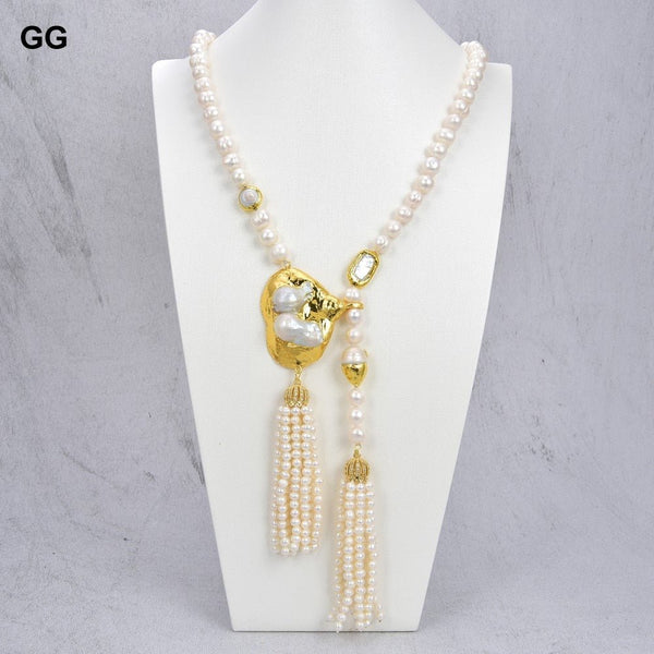 GuaiGuai Jewelry 10mm Cultured White Baroque Pearl Asymmetric Necklace Big Keshi Pearl Pendant 36&quot; - LeisFita.com